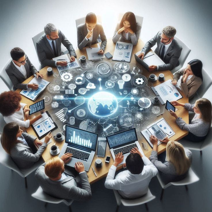 "Content marketing strategy team meeting with digital data visuals"